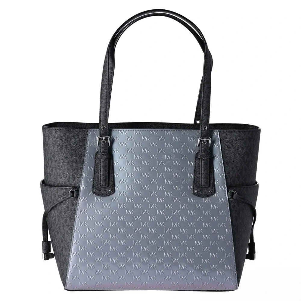 Michael Kors Voyager Travel Shoulder Tote Heather Grey Patent Leather Black MK